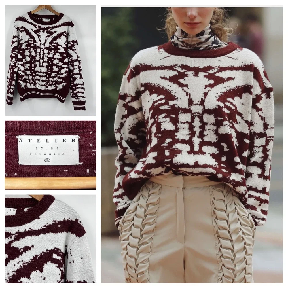 ATELIER 17‎ 56 Colombia Knit Sweater Burgundy White Abstract Geometric Size S